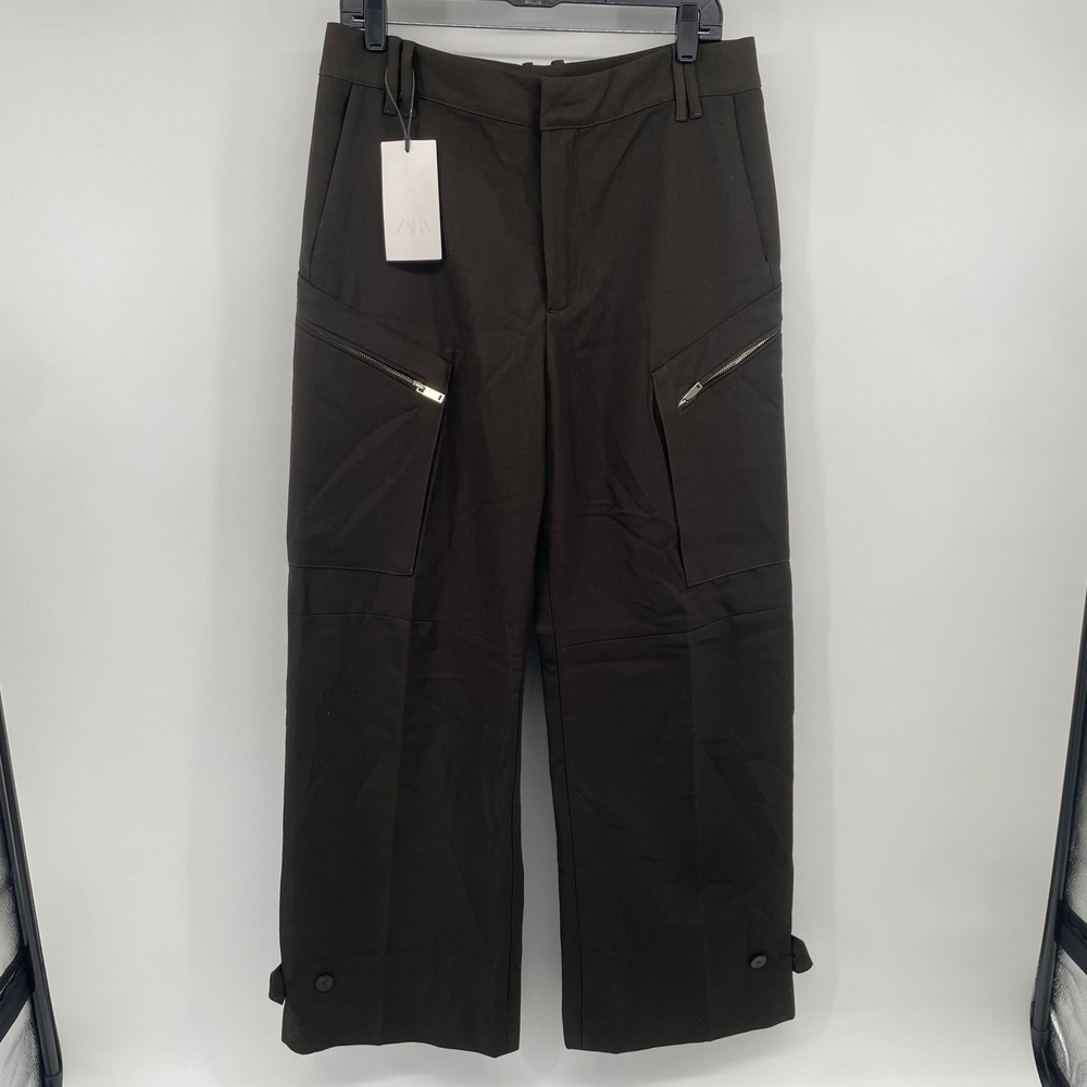 Zara Cargo Pants Womens L Brown Zipper Pocket Wide Leg High Waist NWT